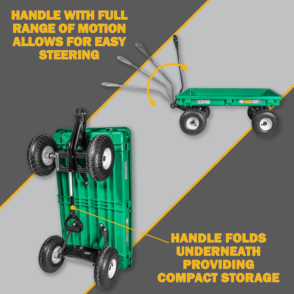 Durable Plastic Deck Green Garden Wagon, 38" x 20" - Heavy-Duty Poly Utility Cart with Pneumatic Tires, 300lb