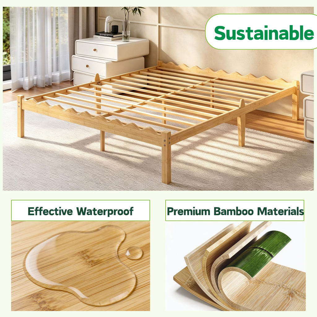 14 Inch Solid Wood Twin XL Size Platform Bed Frame, Heavy Duty Farmhouse Style Bamboo Twin XL Bed Frame No Box Spring