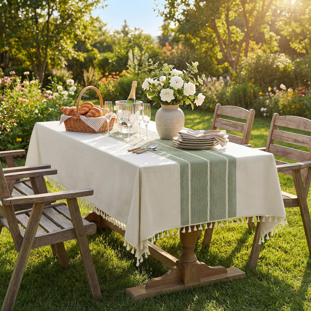 Outdoor Linen Rectangle Tablecloth with Tassel, 55 x 84 Inch