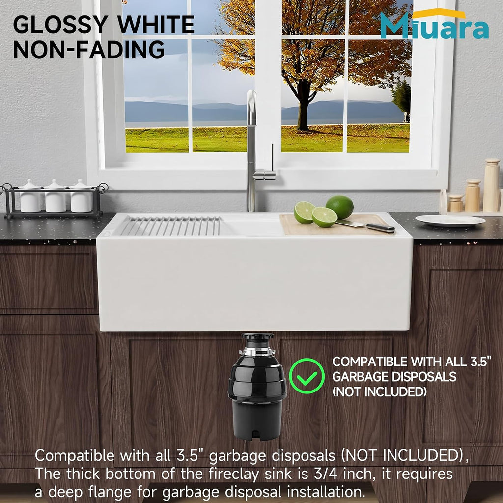 33 x 20 Inch Self-trimming Farmhouse Workstation Kitchen Sink White | Fireclay large single bowl apron front farm