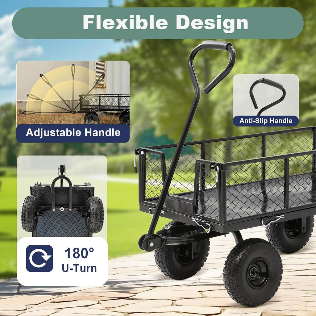 Heavy Duty Garden Wagon Cart - 880 LBS Steel Utility Cart with All-Terrain 3.50-4" Solid Wheels, 10" Tires, 180°