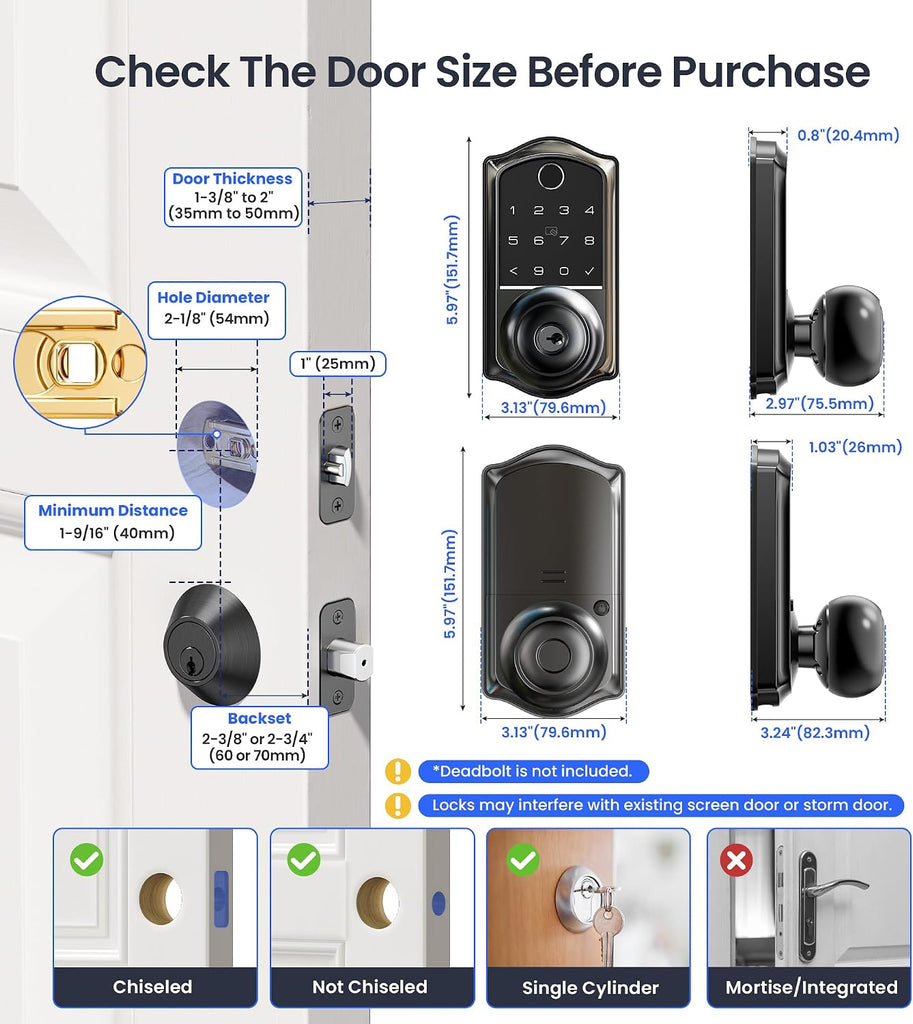 Fingerprint Keypad Smart Door Knob Handle Lock, Matte Black