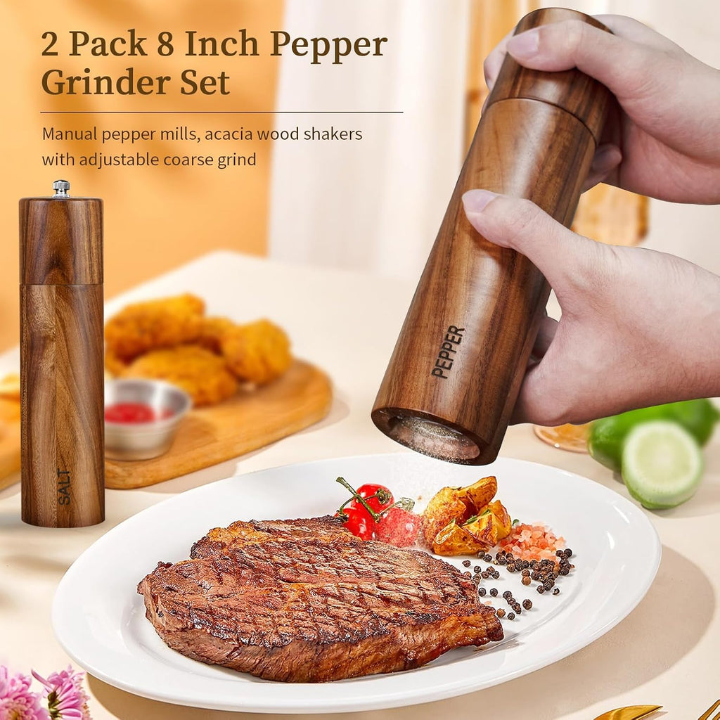 Acacia Wooden Salt and Pepper Grinder Set 8 Inches Refillable - Set of 2