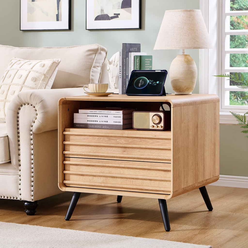 24" Fluted Nightstand with Charge Station, Natural Oak