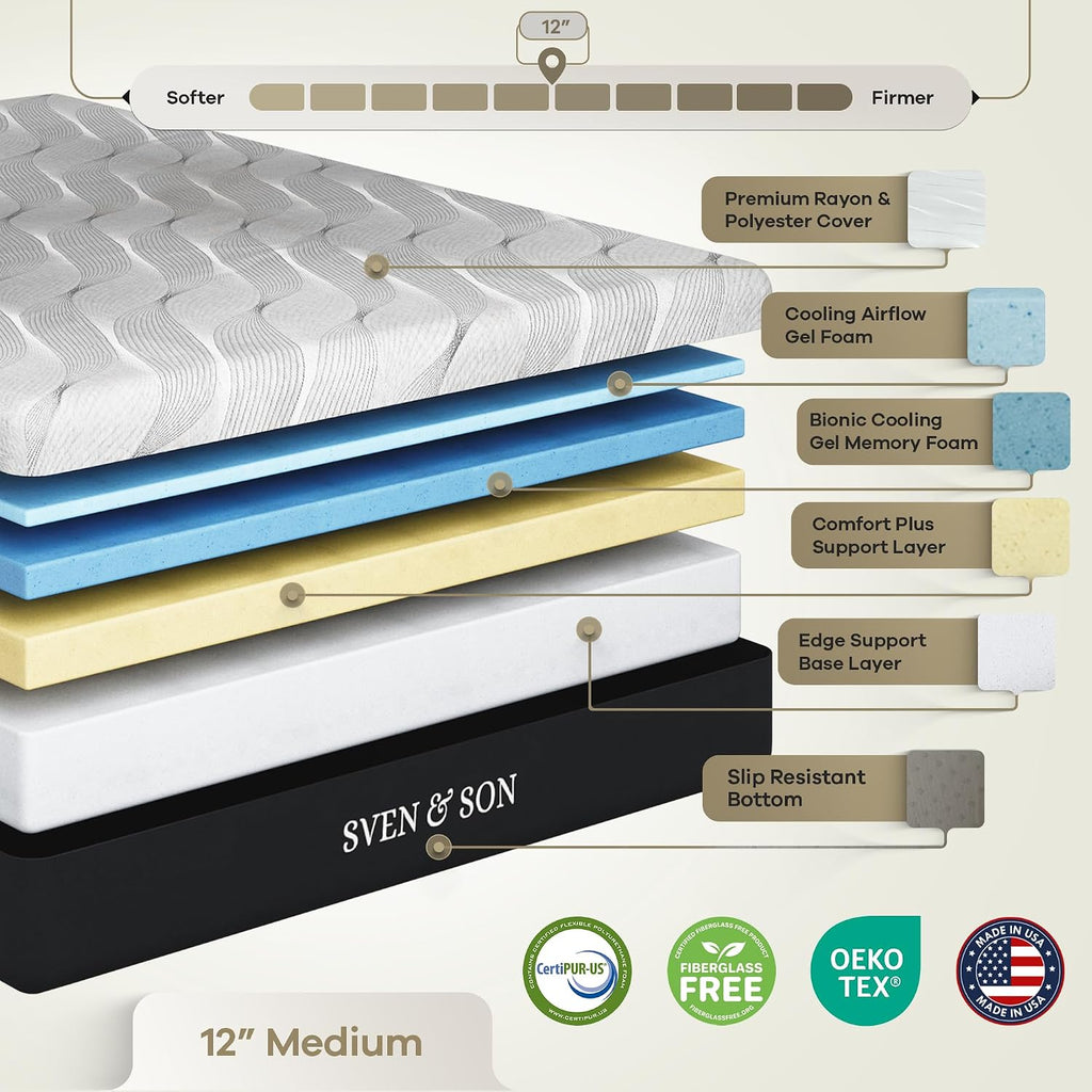 Sven and Son Essential Adjustable Bed Base (Frame) + 12 inch Memory Foam Matt (Medium), Easy Assembly, Head and Foot