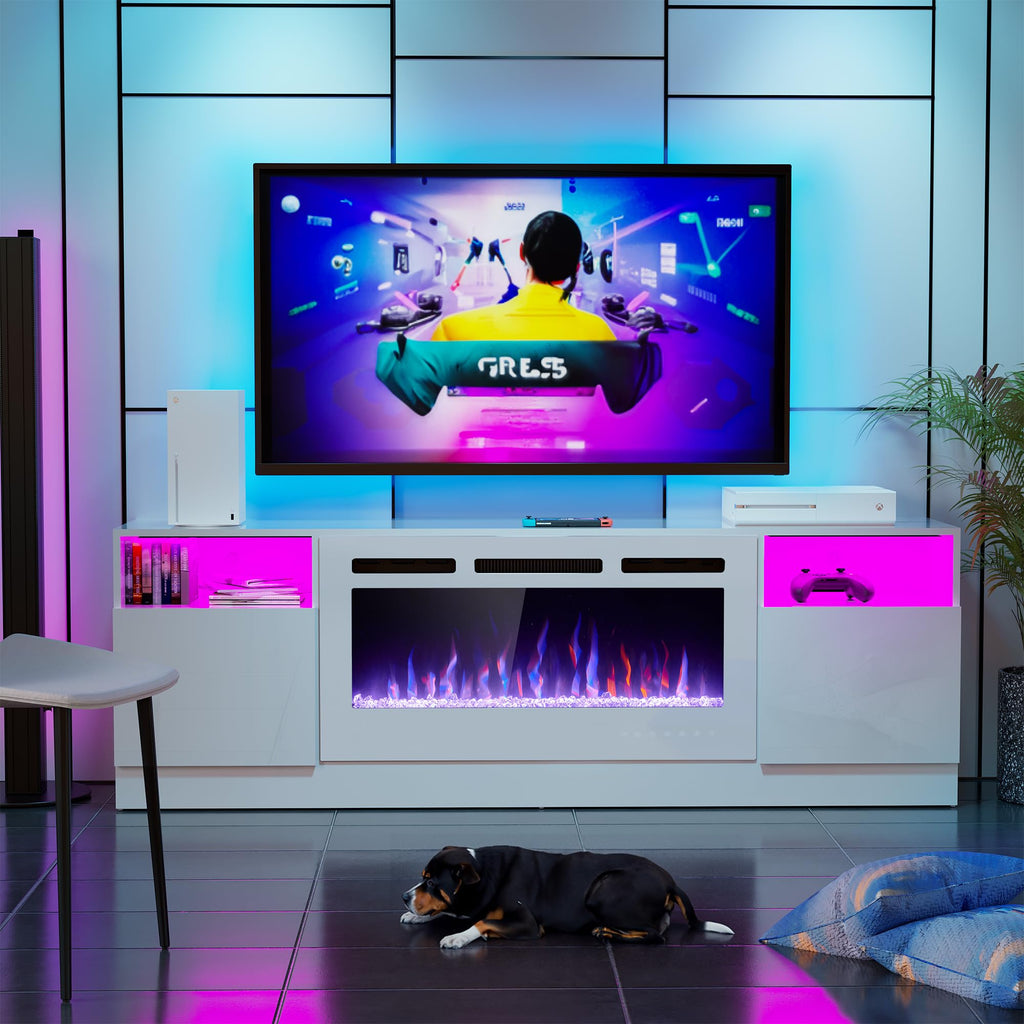 Fireplace TV Stand 70" LED Light Entertainment Center White&White