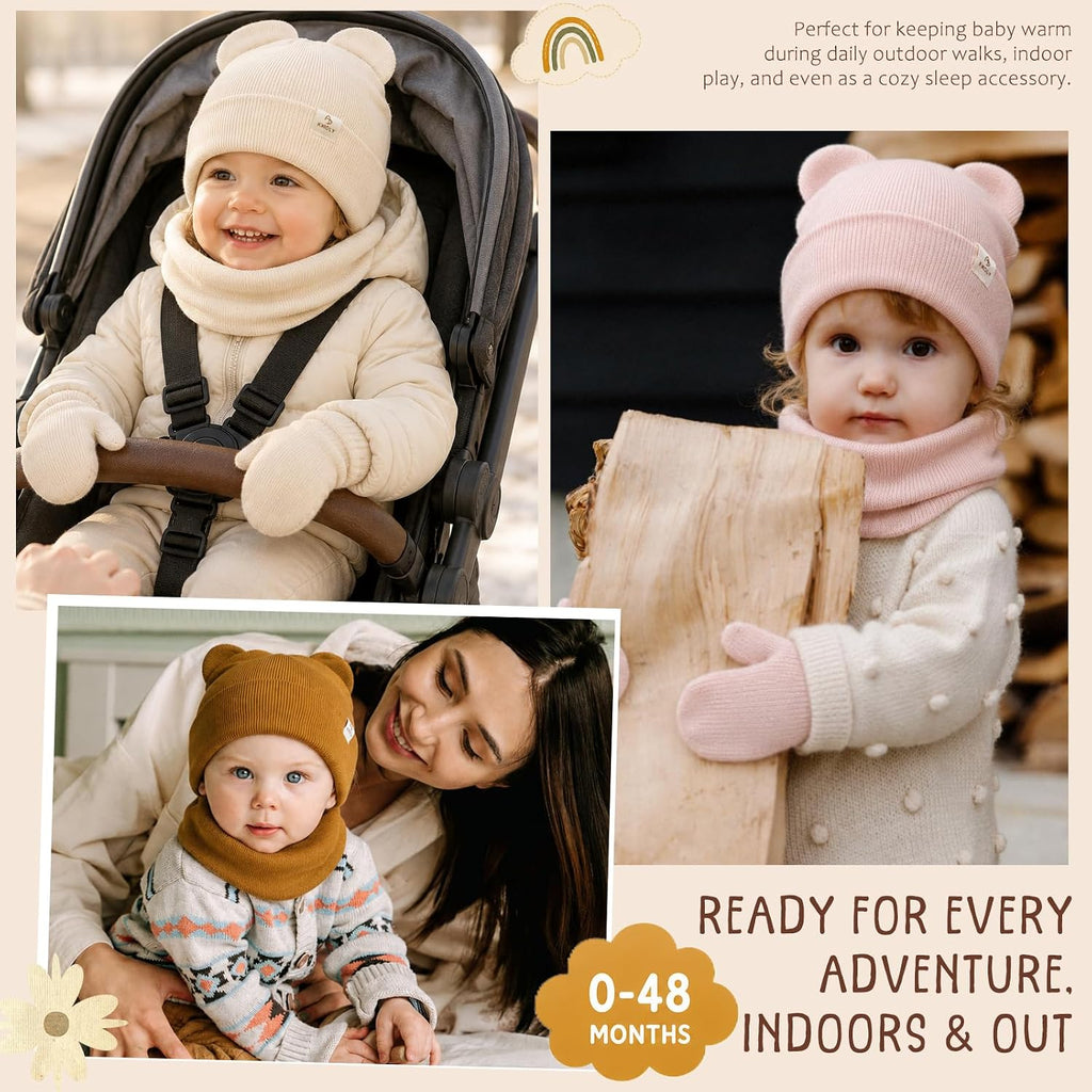 Baby Toddler Winter Beanie Hat Mittens and Neck Warmer with Bear Ear Set