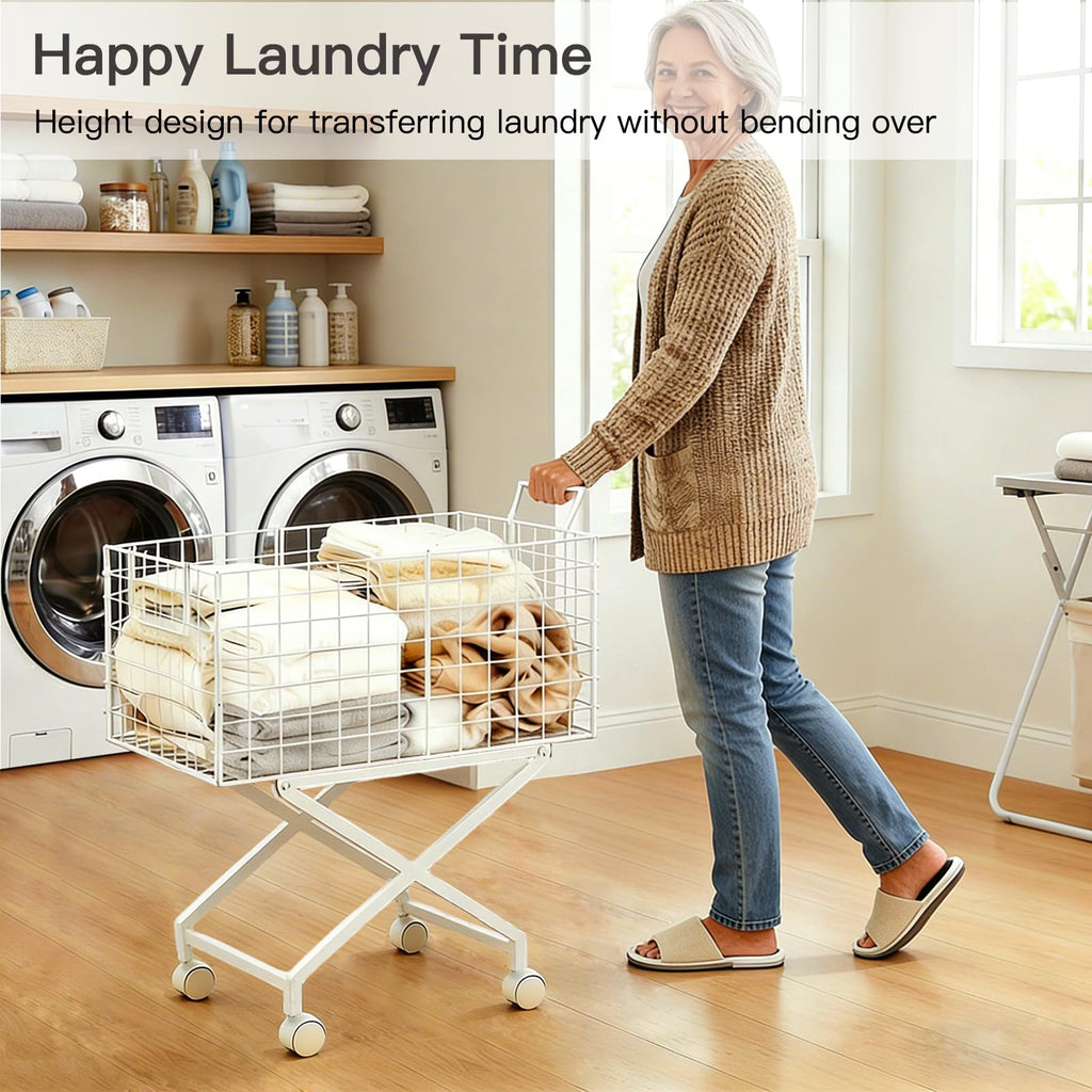 Rolling Laundry Basket with Wheels, 27" Elevated 80L Cart White