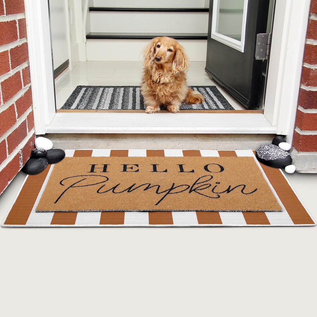 Hello Pumpkin Layered Doormat Set, White Orange - Set of 2