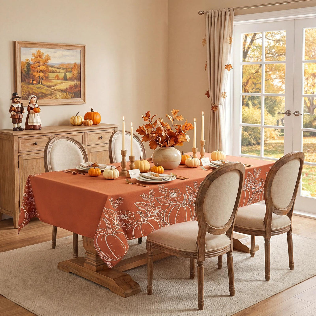 Large Fall Tablecloth Rectangle 60x104 inch, Faux Linen Autumn Table Cloths with Maple Leaves & Pumpkin, Water