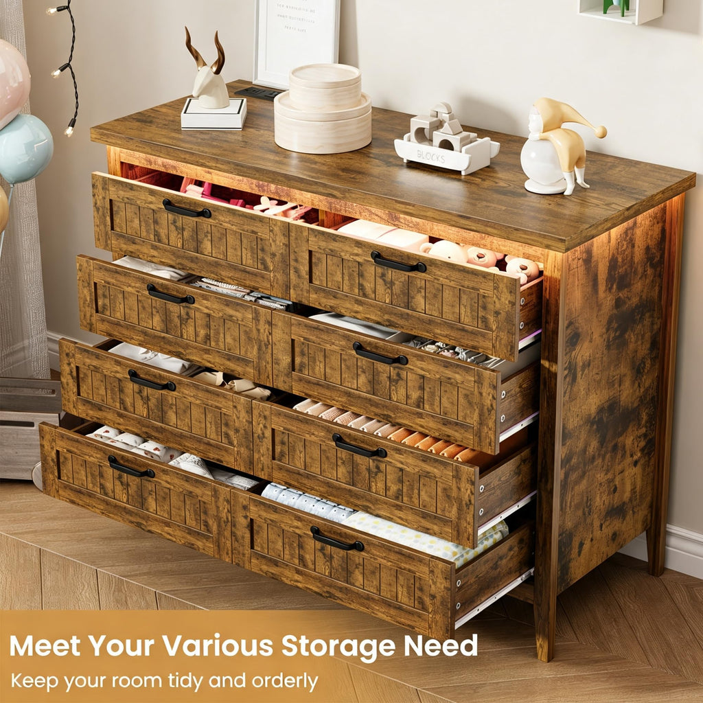 47.3'' Rustic Brwon 8 Drawer Dresser with Power Outlet & LED Lights