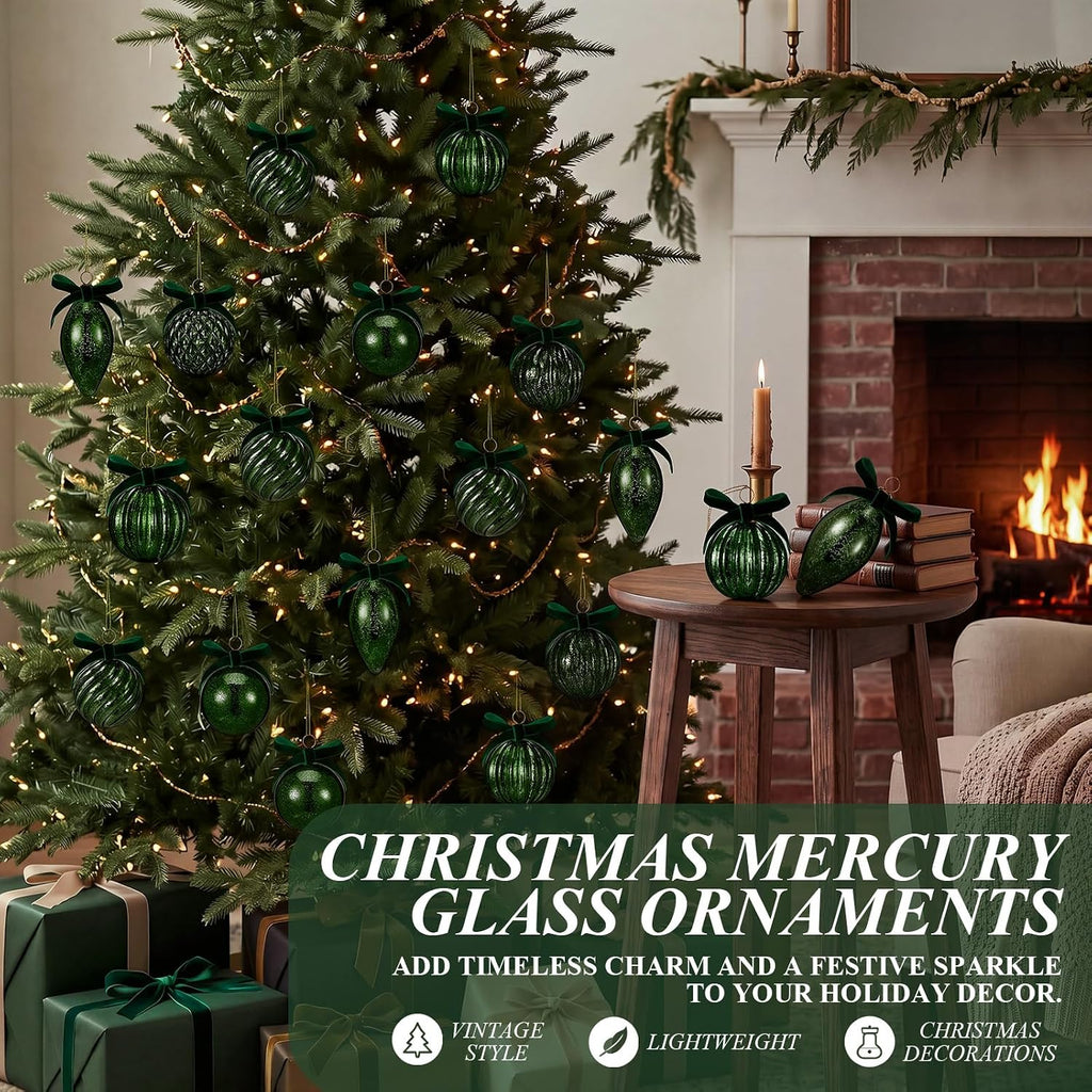18 Pcs Dark Green Christmas Mercury Glass Balls Ornaments, 6 Styles