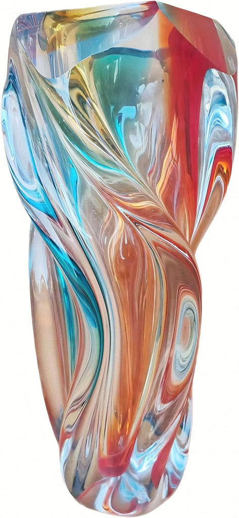 Hand Blown Twisted Multicolor Art Glass Vase, 12" Tall Luxury Swirl Crystal Vase, Decorative Centerpiece, Dining
