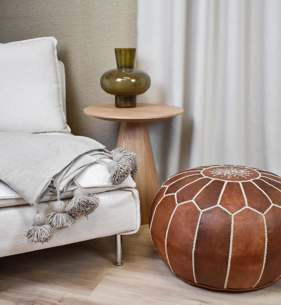 Premium Pouf - - Delivered Stuffed - Ottoman, Footstool, Floor Cushion (Cognac Brown)