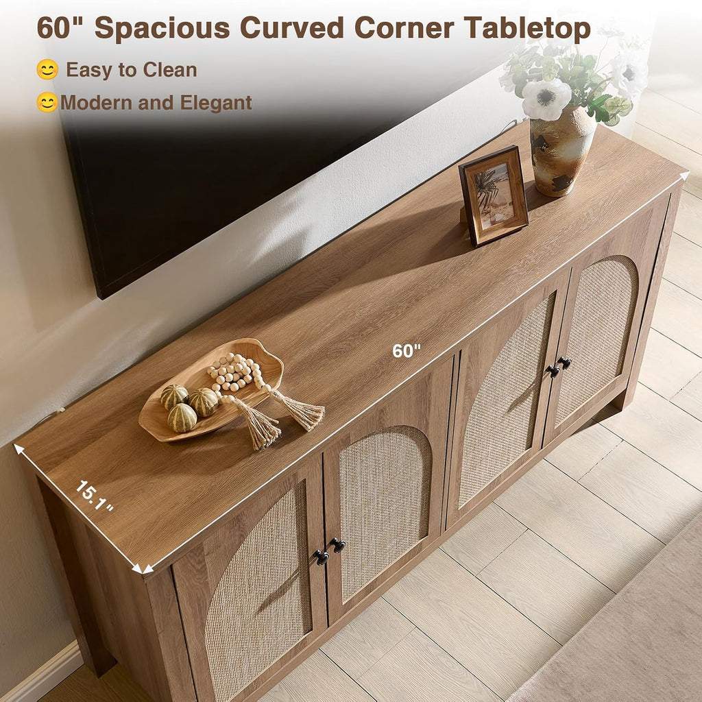 60" Rattan Sideboard Buffet Cabinet with Storage | Sideboard With Rattan Doors, Spacious Storage And Soft-Close
