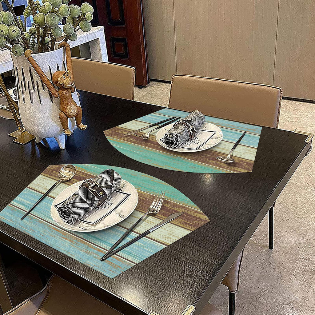 Small Round Table Placemats Set of 5 Woven Vinyl Wedge Placemats with Centerpiece Round Table Mats Wipe Clean, Teal