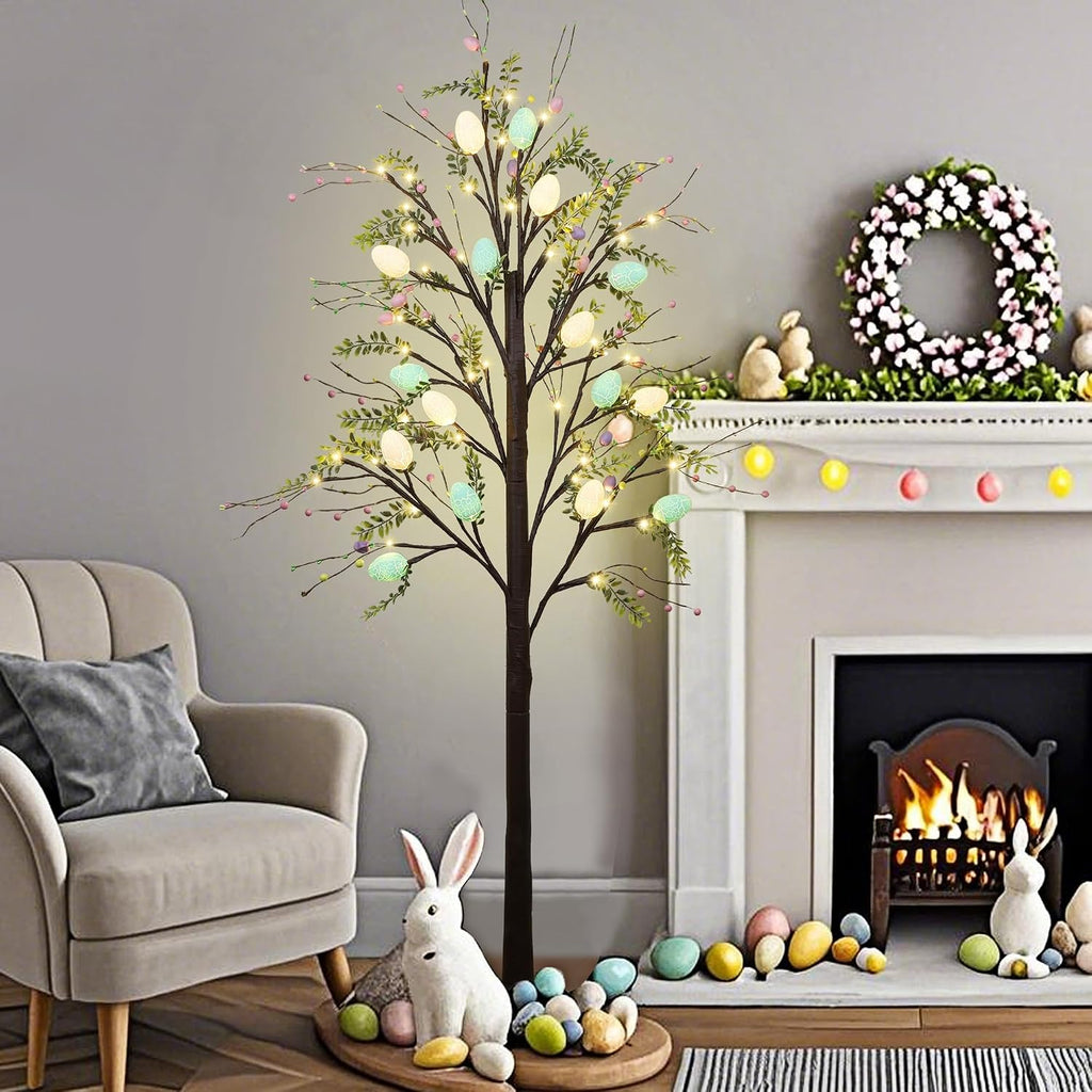 5FT Lighted Easter Tree with Timer, Easter Decorations & Porch, Pre-Lit Egg Trees with LED Lights & Colorful Eggs