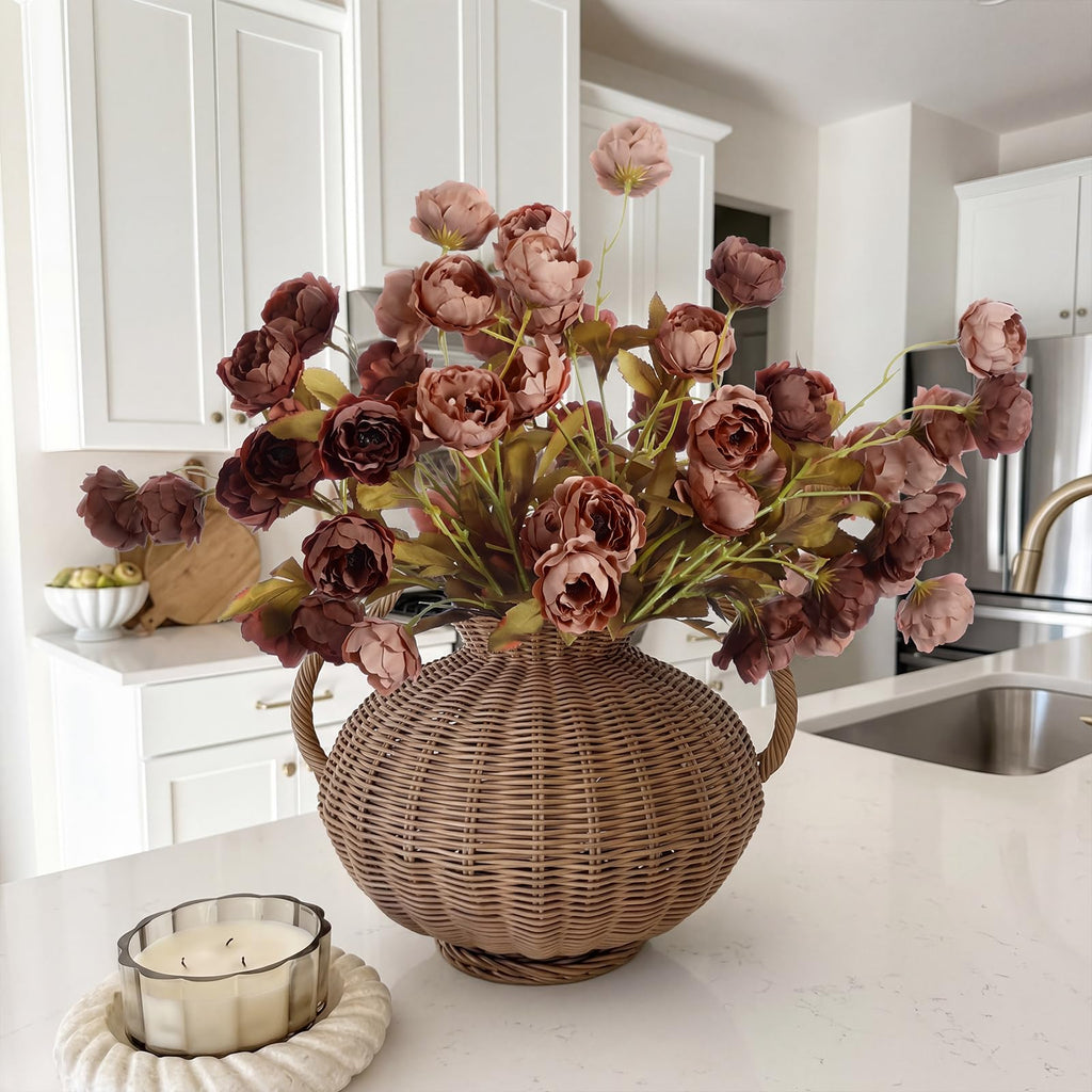 8 Pcs 26'' Fall Artificial Peonies Stems, Tan, Light Orange, 8 Pcs