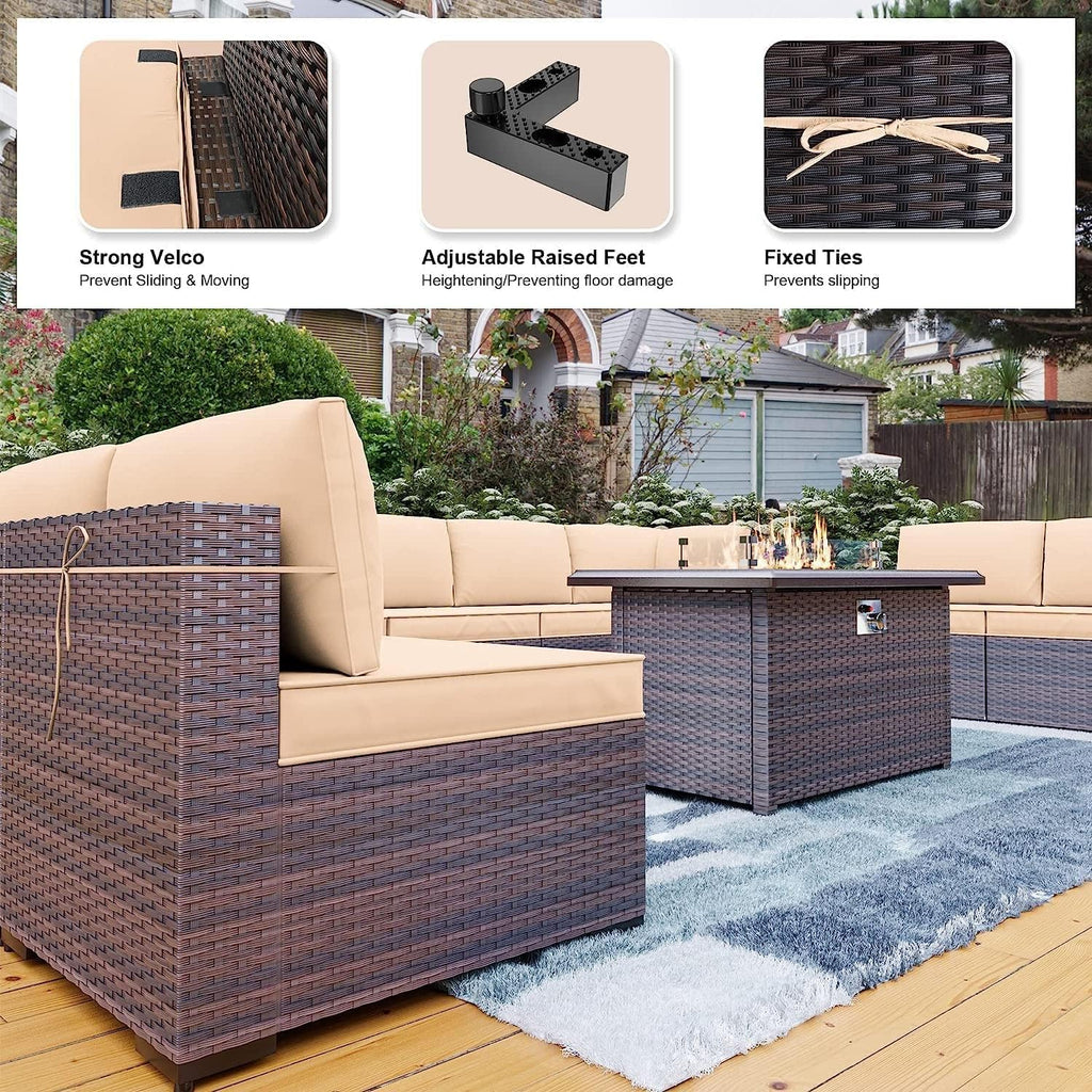13 Pieces Outdoor Patio Furniture Set with 43" 55000BTU Gas Propane Fire Pit Table PE Wicker Rattan Sectional