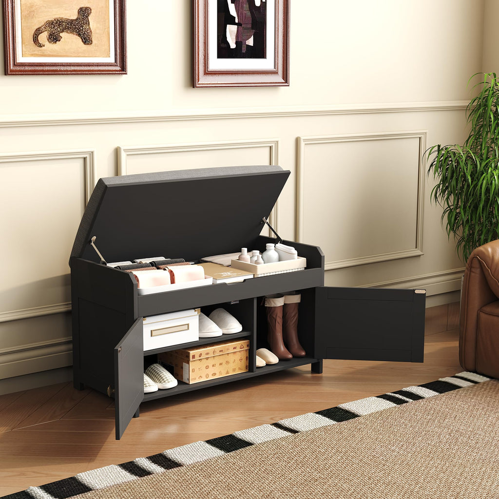 30" Shoe Bench with Lift Top Storage, Entryway Bench with Cushioned Seat, Wooden End of Bed Bench, Shoe Cabinet Bench