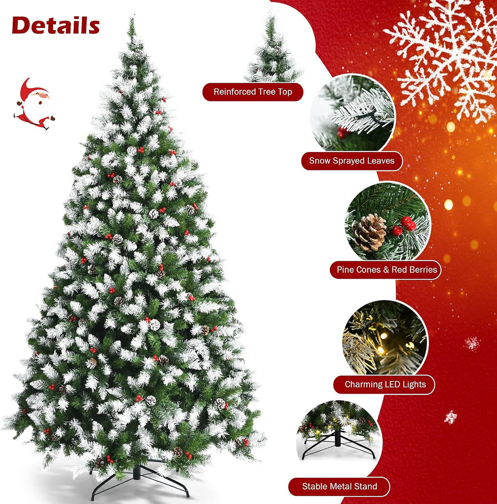 7.5ft Pre-lit Artificial Christmas Tree, Hinged Snow Flocked Xmas Tree w/Pine Cones, Red Berries & 550 LED Lights, 8