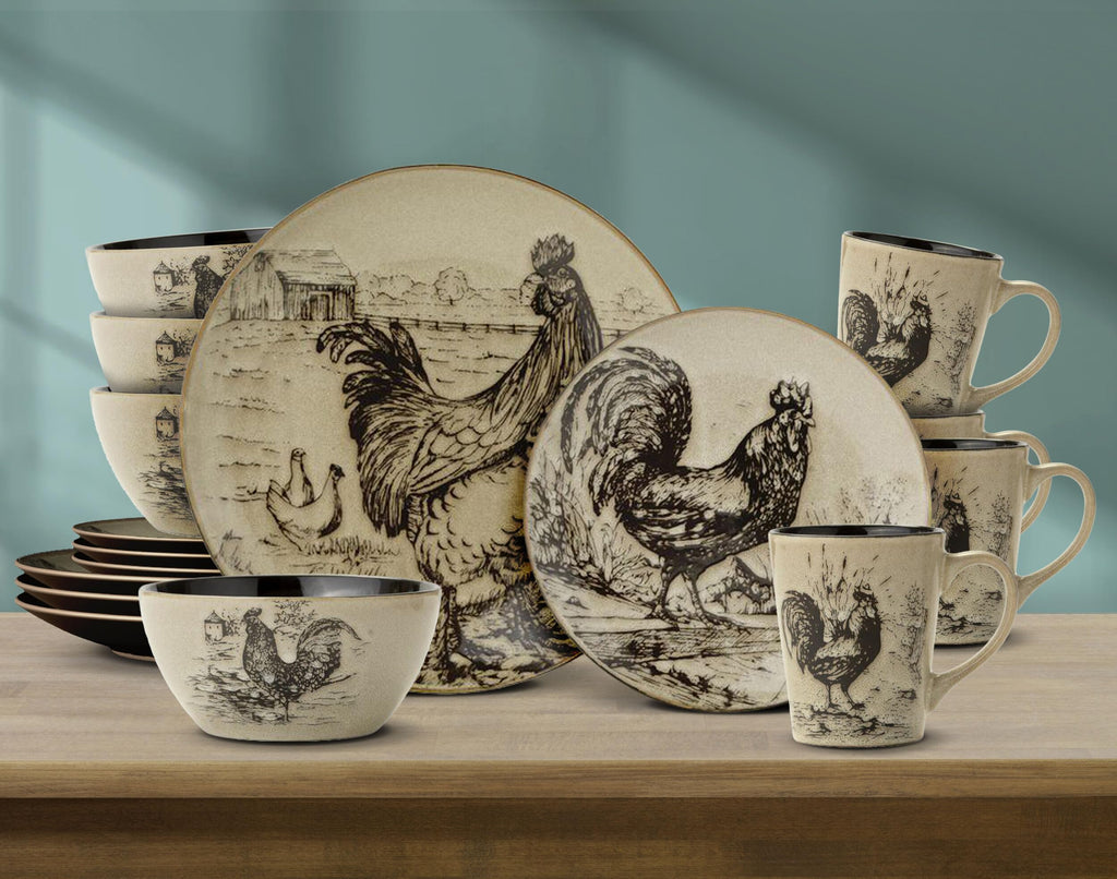 Homespun Rooster 16-Piece Dinnerware Set, Service for 4 Brown
