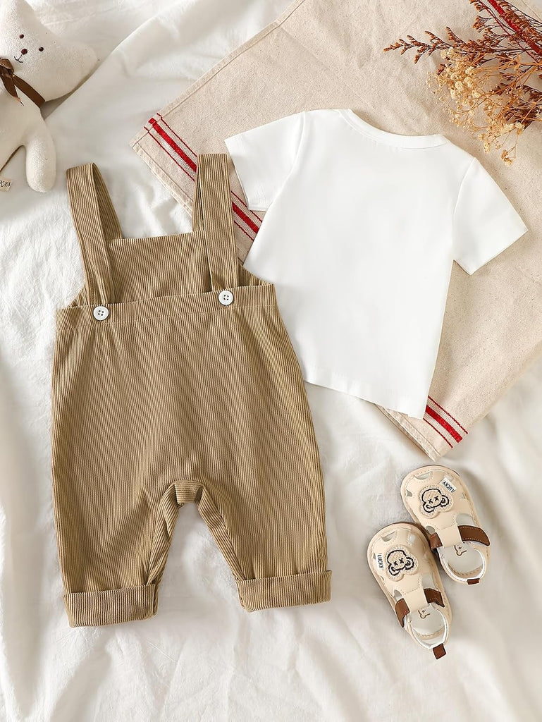 Baby Bear Overalls Set Brown Corduroy Suspender Pants White Short Sleeve Top Cute Animal Design Infant Outfit