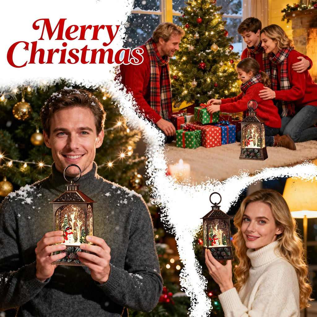 Christmas Lantern,Christmass Snow Globe Lantern Lights with 8 Christmas Songs,Battery & USB Powered,Christmass Snow