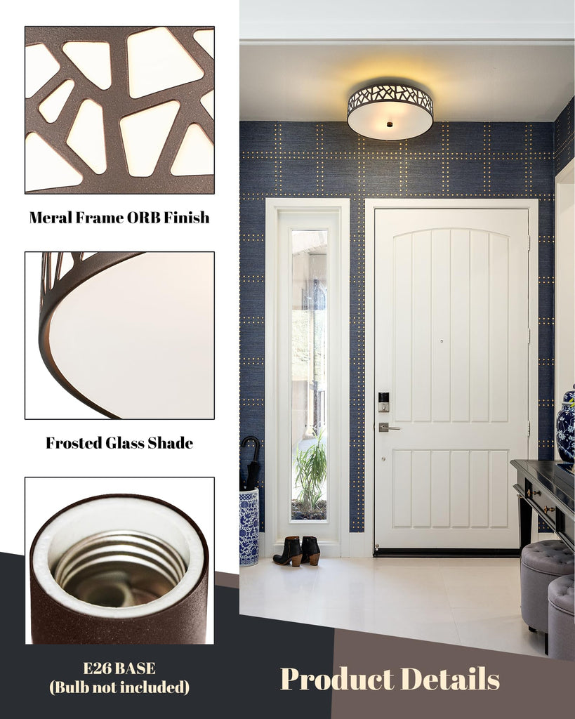 12 Inch Flush Mount Ceiling Light, 2 - Light Vintage Ceiling Lights Fixture with Frosted Glass Shade, Oil Rubbed