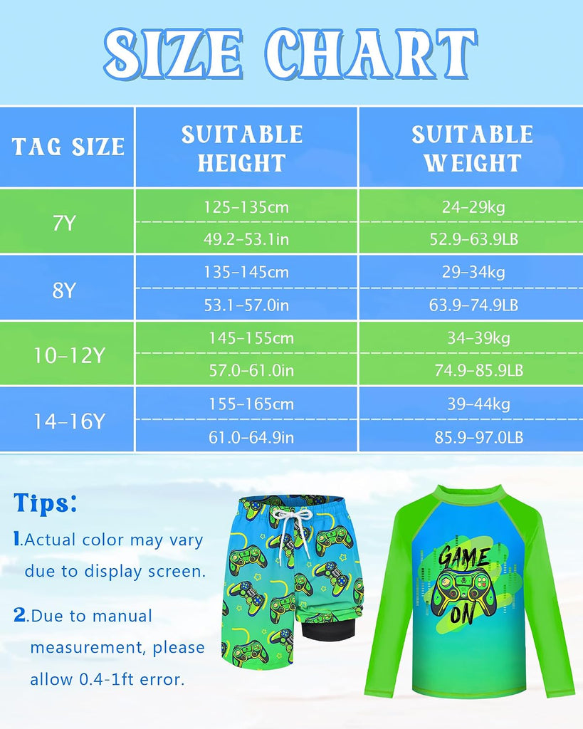 Boys Rash Guard Swim Set with Swim Trunks Bathing Suit Long Sleeve Swim Shirt Quick Dry Swimsuit Kids Swimwear Size
