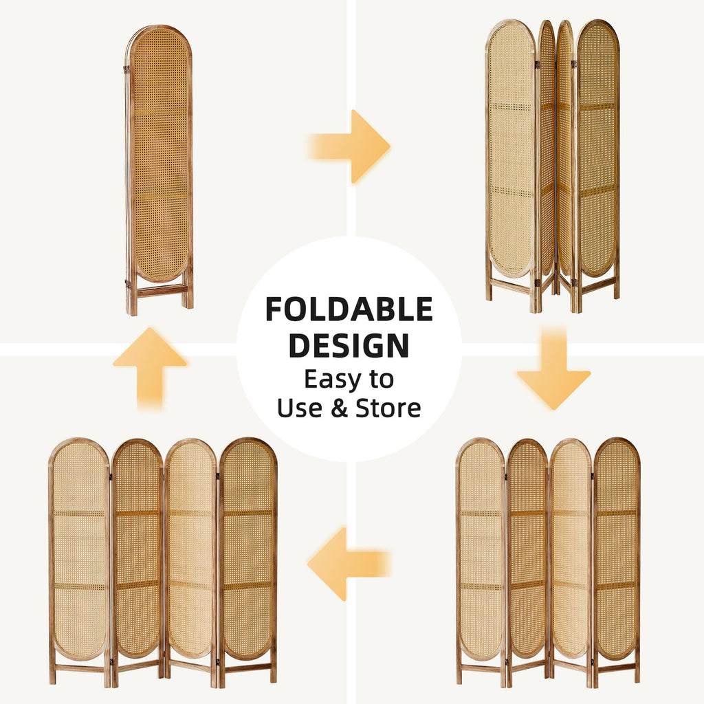4 Panel Rattan Room Divider, Folding Room Divider Screen, Natural