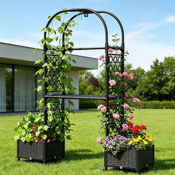 71"x16"x32" Planter Box with Trellis, 3-in-1 Self-Watering Planter Box with Wheels ,Raised Garden Bed with Trellis