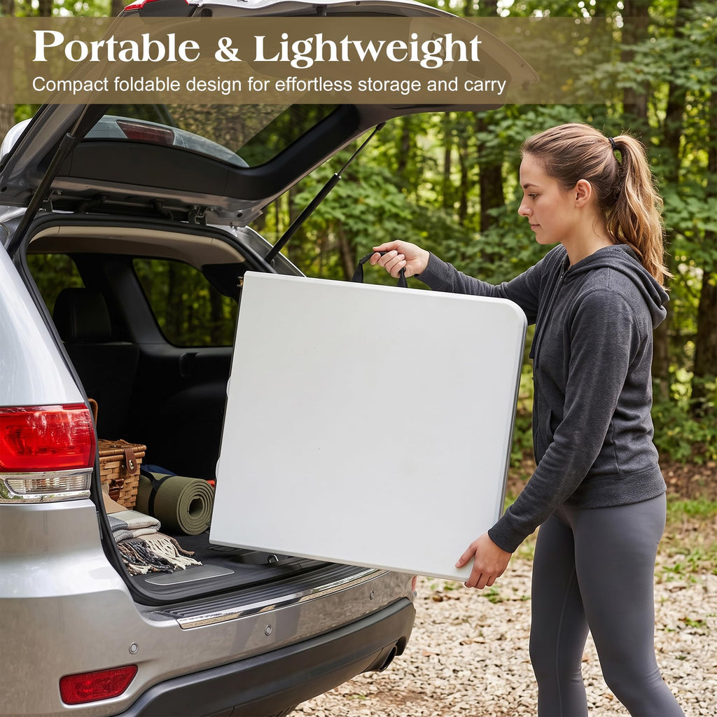 Folding Table 4 Ft, 3 Adjustable Height, Portable w/Handle, White