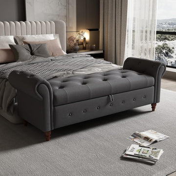 63'' Storage Ottoman Bench, Tufted Entryway Bench Grey Polyster | Button Tufted End of Bed, Large Storage Space