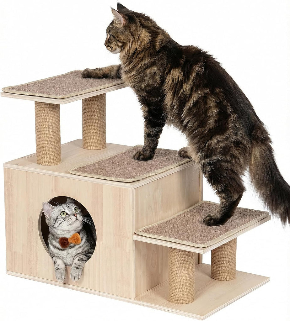 3-in-1 Pet Stairs for Cats, 7.87" Depth Pet Steps for Cat, Wood Cat Stairs for High Bed and Sofa, 1 Condo Cave