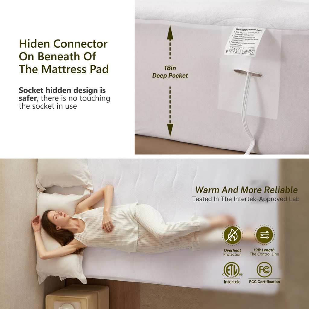 Heated Quilted Wave Mattress Pad, King Size Dual Control, Soft Bed Warmer, 10 Heat Settings, 1-12 Hours Auto-Off, Fast