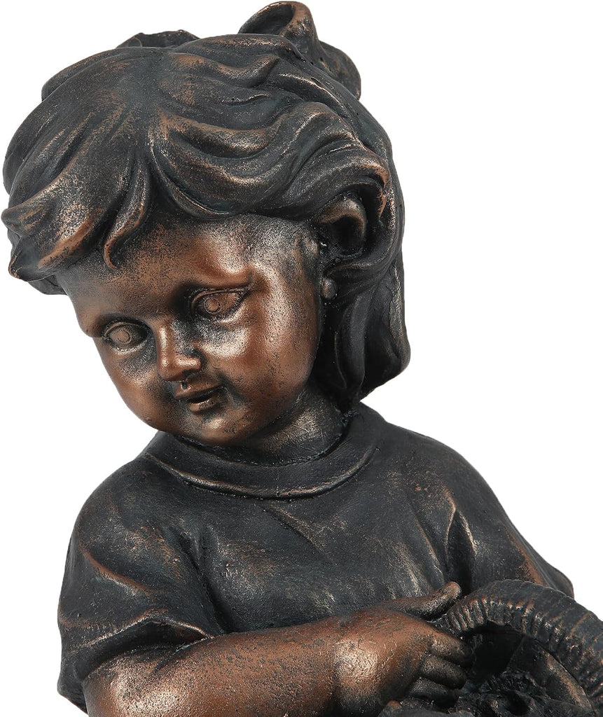 LuxenHome Garden Decor Statue,23" Fiber Stone Girl and Puppy Outdoor Statue | Bronze Garden Sculpture, Outdoor Art