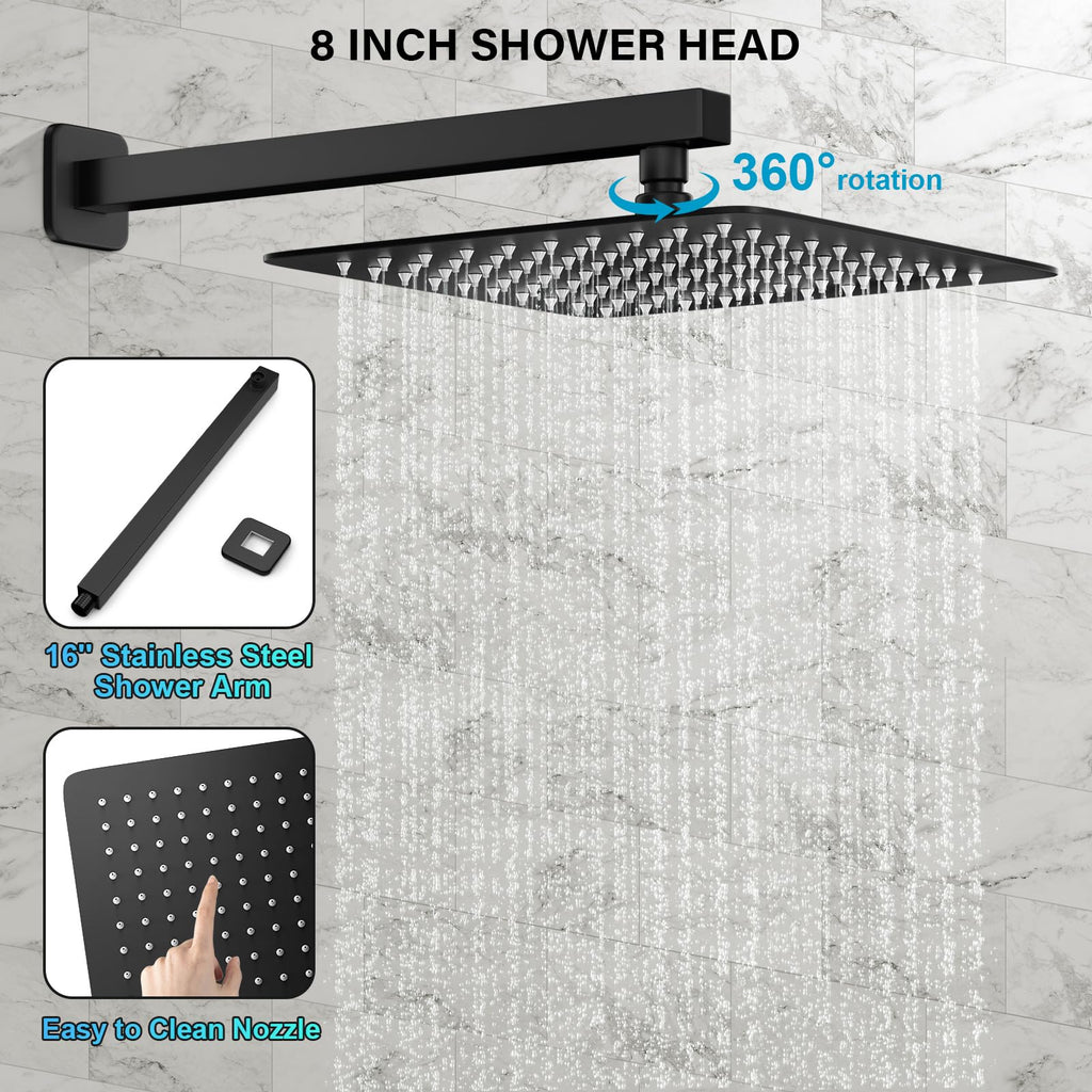 Shower Faucet Set with 8 Inch Matte Black Rain Shower Head