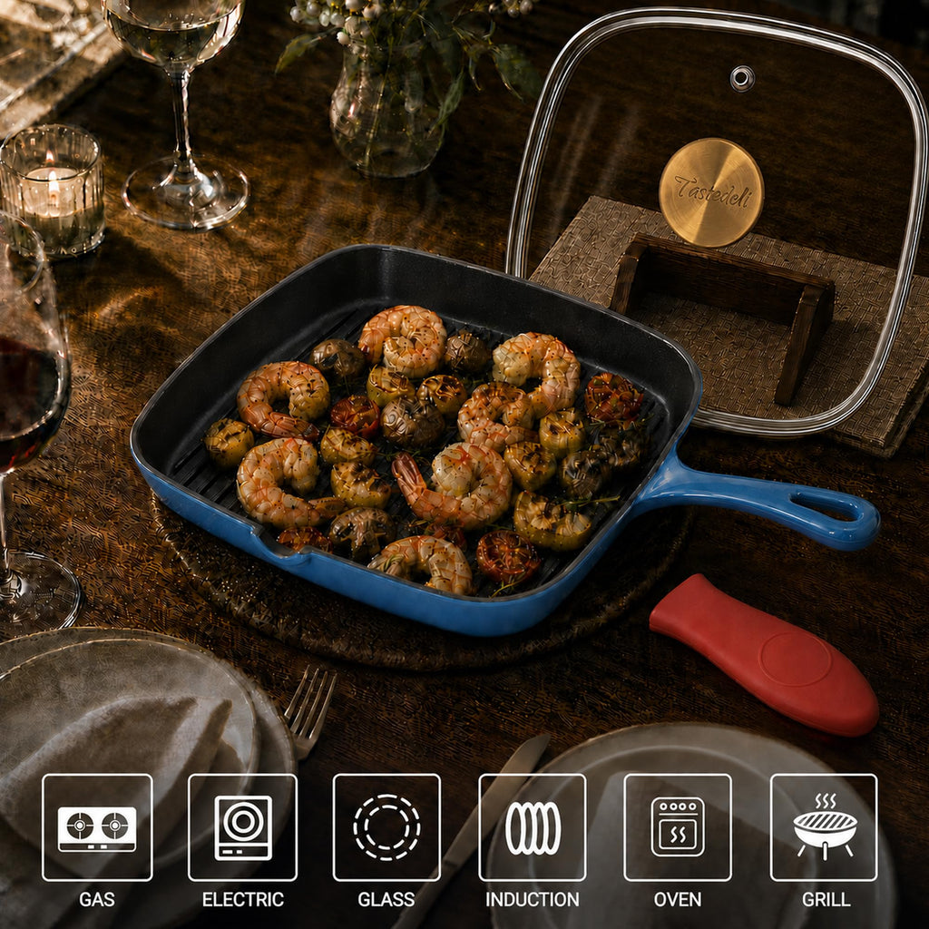 9.25" Enameled Cast Iron Grill Pan with Lid