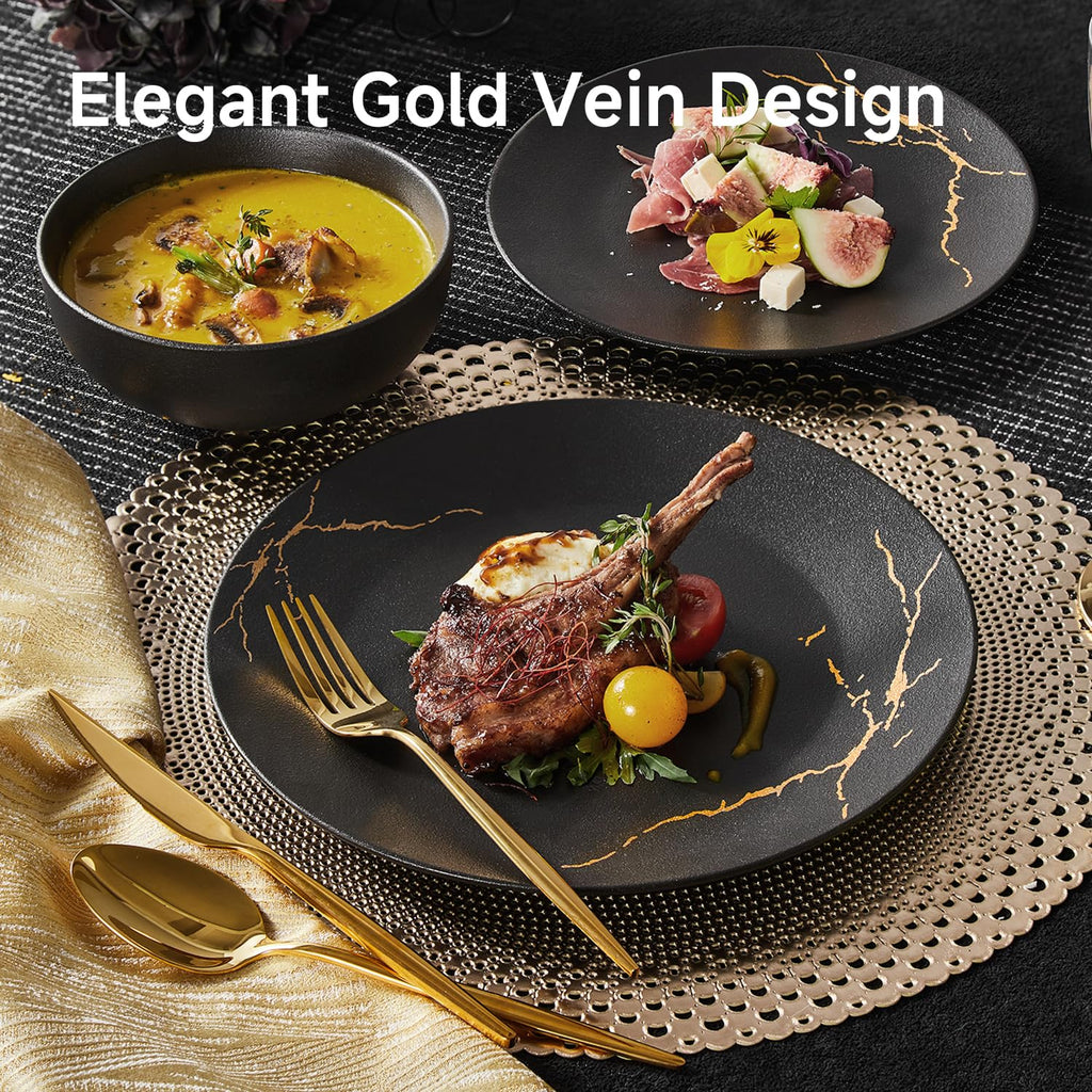 24-Piece Matte Crackle Dinnerware Sets, Black and Gold
