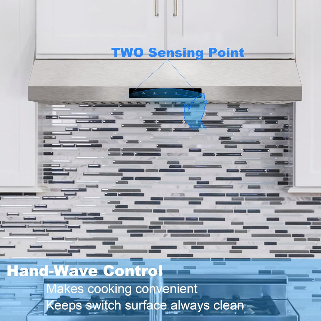 30 Inch Stainless Steel Wall Mount Range Hood 780 CFM 3 Speed Touch Control, LED Lights Convertible Ducted/Ductless
