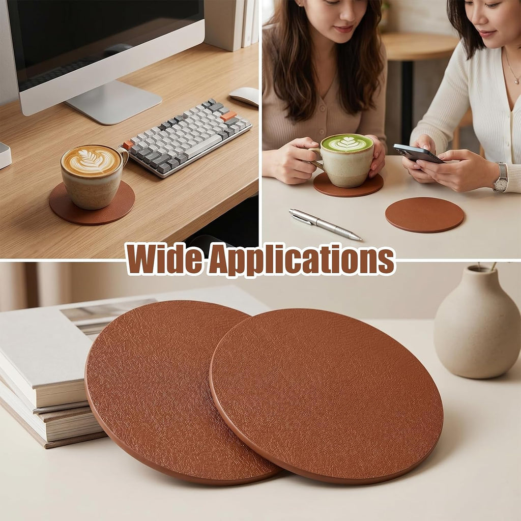 PU Leather Coasters, 4 Inch Round Leather Coasters 10 mm Thickness Brown Drink Coaster, Coffee, Tabletop - Set of 60