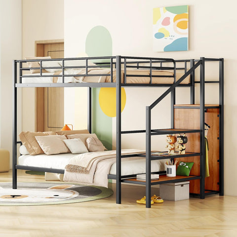 Full Over Full Metal Bunk Bed with Storage Stairs and Wardrobe, Bunk Bed for Adults/Kids/Teens, Black