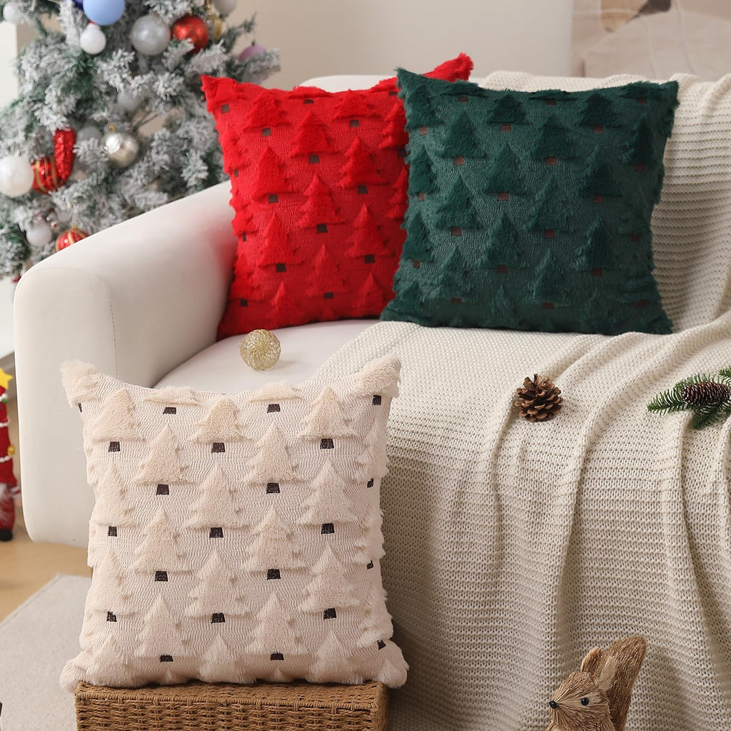 Christmas Pillow Covers 20x20 inch Christmas Decorations Soft Plush Faux Fur Wool Beige Christmas Tree Throw - Set of 2