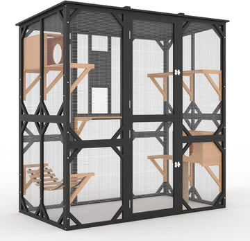 Large Walk-in Wooden Catio for 2-4 Cats - Outdoor Enclosure with Waterproof Roof & Sisal Mark-resistanting Post