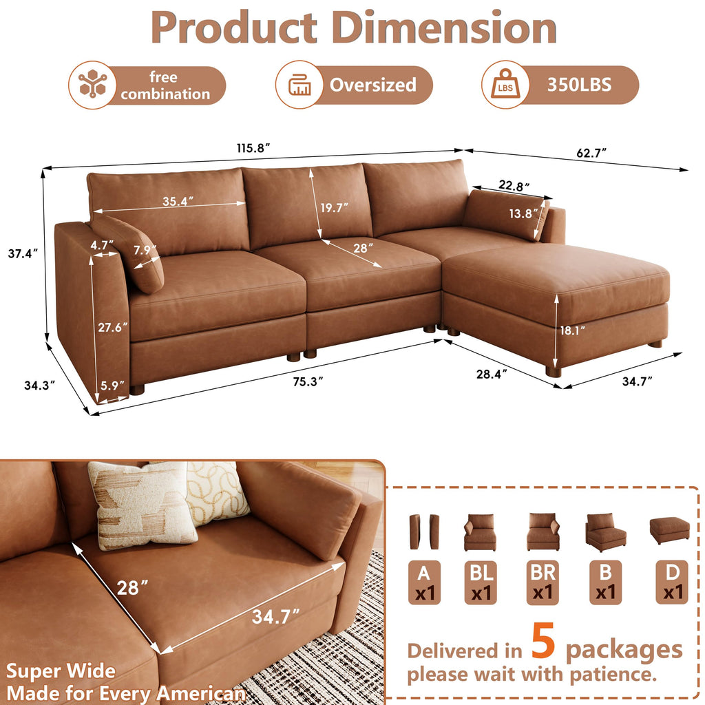 Faux Leather Modular Sectional Sofa Wide L Shaped Couches Brown