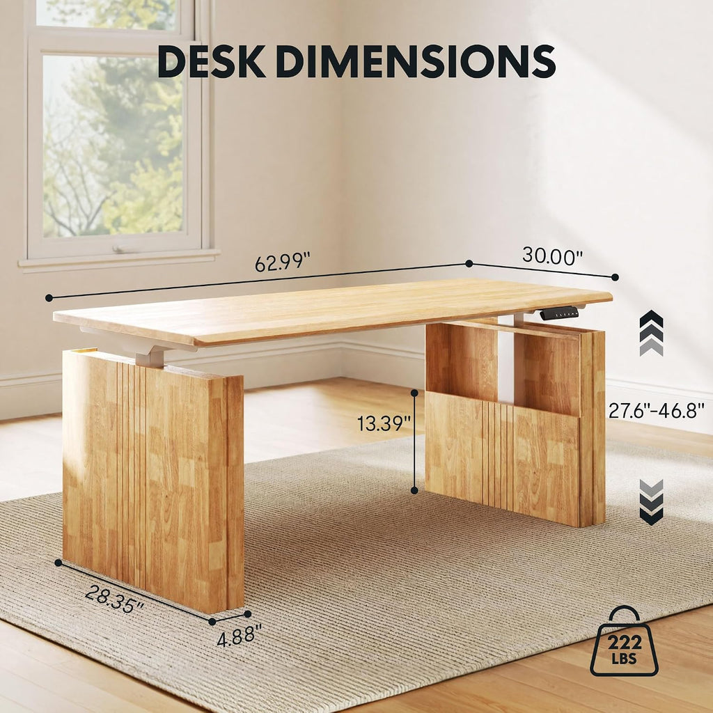 WoodiX Solid Wood Executive Standing Desk | 63 x 30 Inch Japandi-Inspired Sit-Stand Desk, Sculptural Fluted Legs