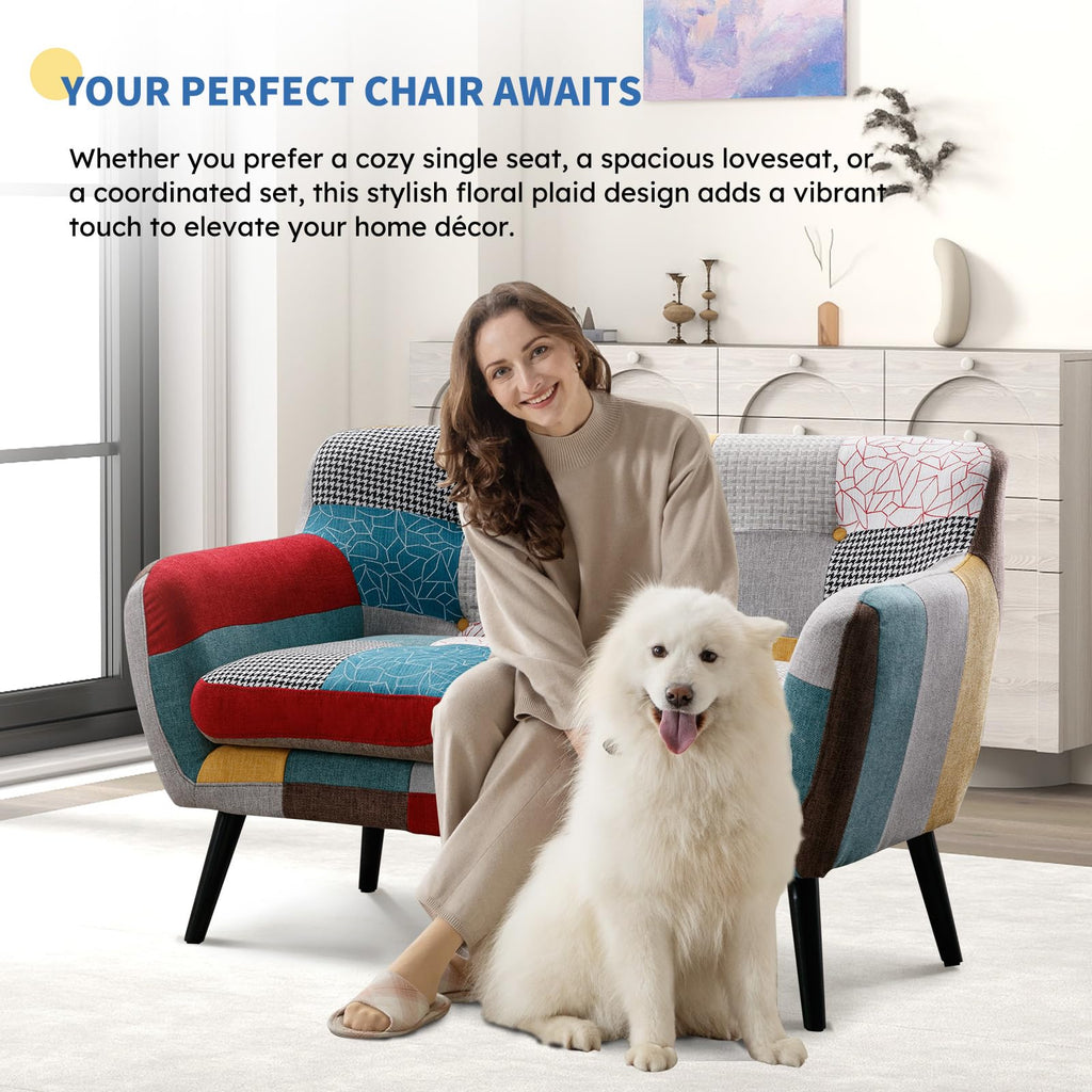Modern Colorful 3 Piece Coroful Fabric Sofa Set, Included 2 Accent Chairs and 1 Boho Loveseat Linen Patchwork Plaid