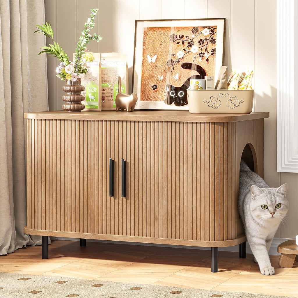 Cat Litter Box Enclosurea with Tambour Sliding Door (Oak)