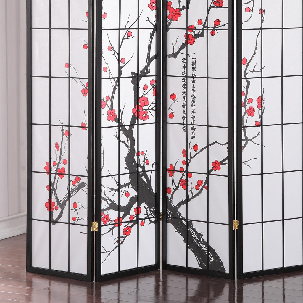 Black Japanese 4-Panel Screen Room Divider, Plum Blossom